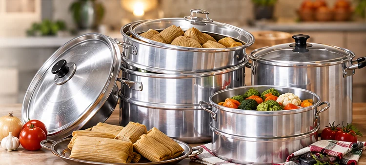 Imagen conceptual generada con IA de vaporeras de aluminio con alimentos al vapor